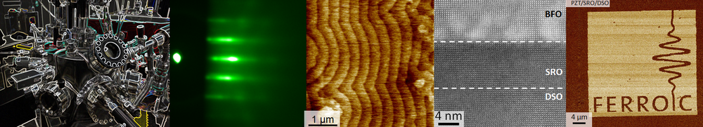 Enlarged view: Representation of one of our PLD chamber, RHEED pattern on a BaTiO3 thin film, surface topography of a BiFeO3 thin film, cross section TEM image of a multiferroic heterostructure (collaboration with Ulhaq-Bouillet C. IPCMS Strasbourg), FERROIC group logo patterned in PZT ferroelectric thin film, respectively.